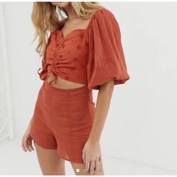 ASOS Eyelet Textured Ruched Tie Cutout Burnt Orange Puff Sleeve Playsuit Women 2 - Picture 3 of 12